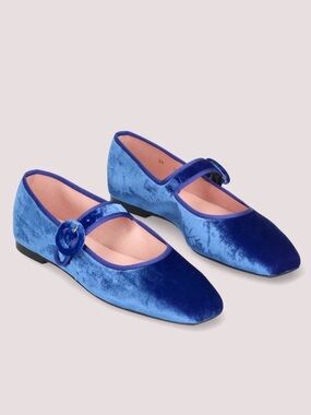 Pretty Ballerinas Royal Blue Velvet Mary Jane Flats with Rosette Strap